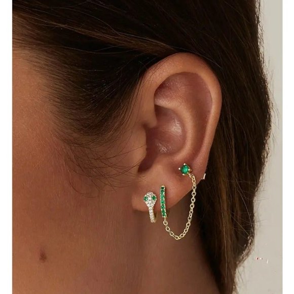 Green Double Piercing Pave Huggies w/ Chain Tassel Zirconia Pave Huggie Stud - Picture 2 of 7